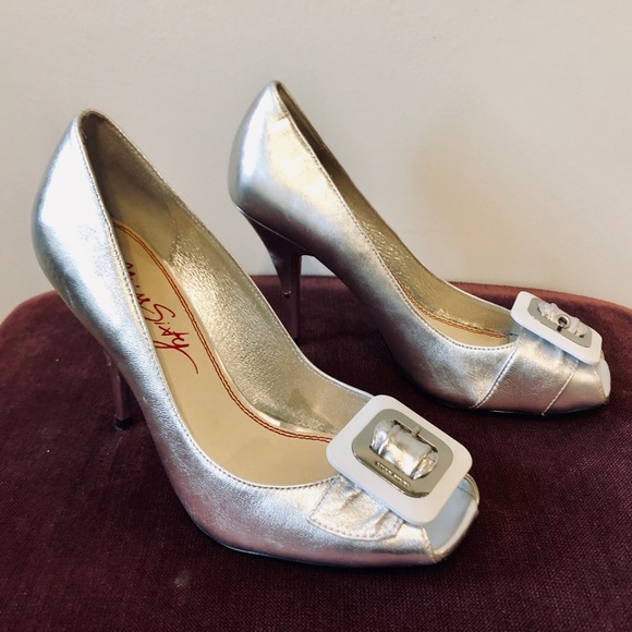 EUC Miss Sixty Silver Peep-Toe Buckle Heels - Picture 1 of 8